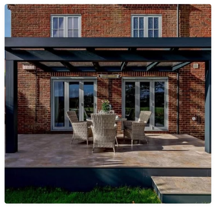 Covered outdoor patio with pergola and contemporary garden seating area